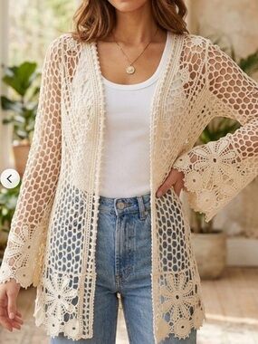Rebellion Again 100% Cotton Crochet Lace Cardigan XS Boho Open Knit Cream Duster